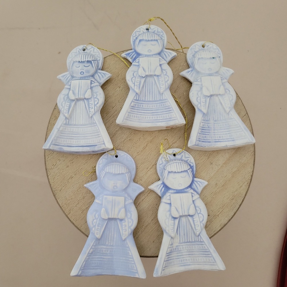 Vintage Blue and White Ceramic Singing Angel Ornaments Set of 5 Folk Art 4 Inch
